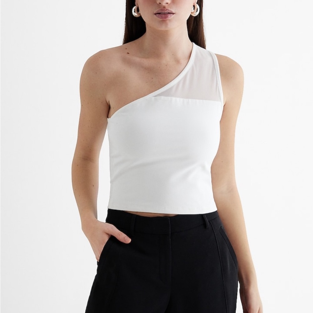 NWT EXPRESS body contour stretch cotton one shoulder mesh cropped tank - white M